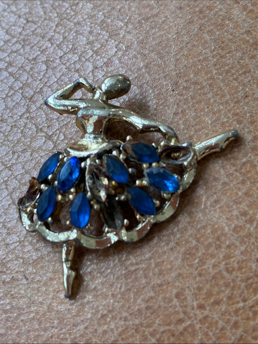 Gold-Tone Ballerina Brooch with Blue Crystal Accents 1950s vintage